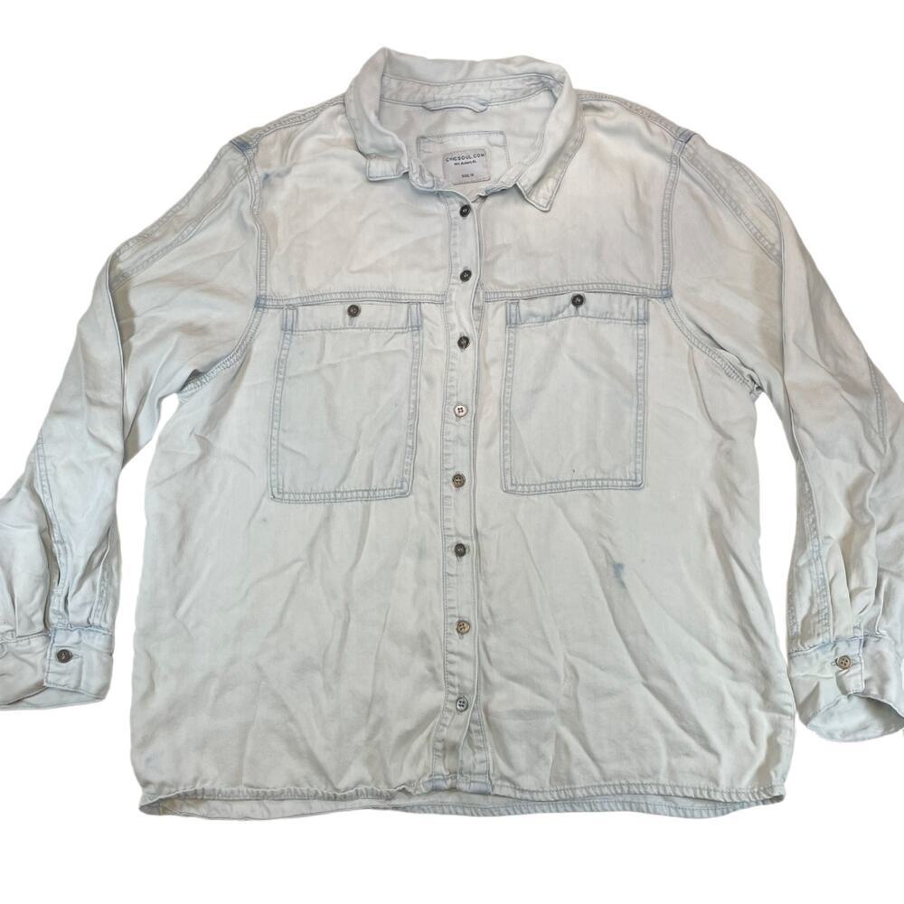 Chic Soul Light Wash Tencel Shacket Oversized Button Up 1X Women Distressed